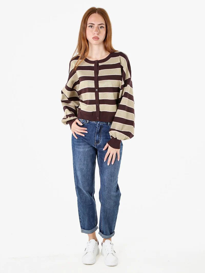 Cardigan da donna a righe con bottoni e lurex - moro