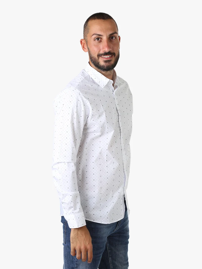 Camicia da uomo a maniche lunghe misto cotone con stampe - bianco