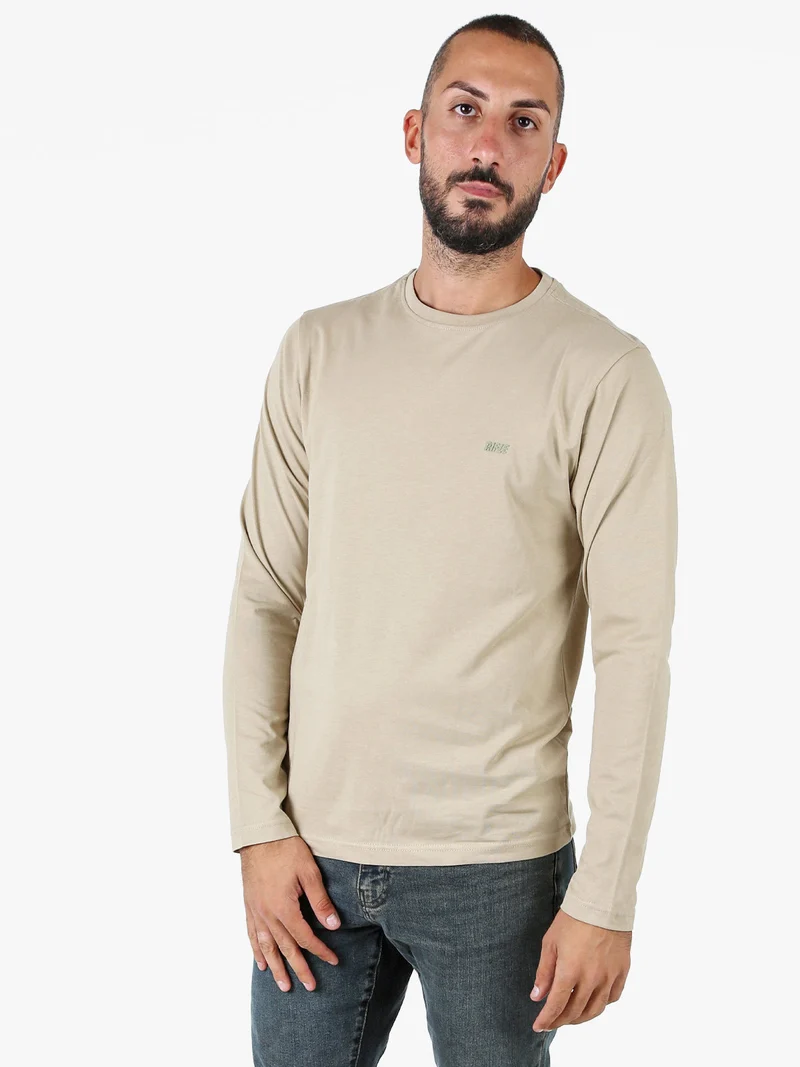T-shirt girocollo da uomo a maniche lunghe in cotone - sabbia