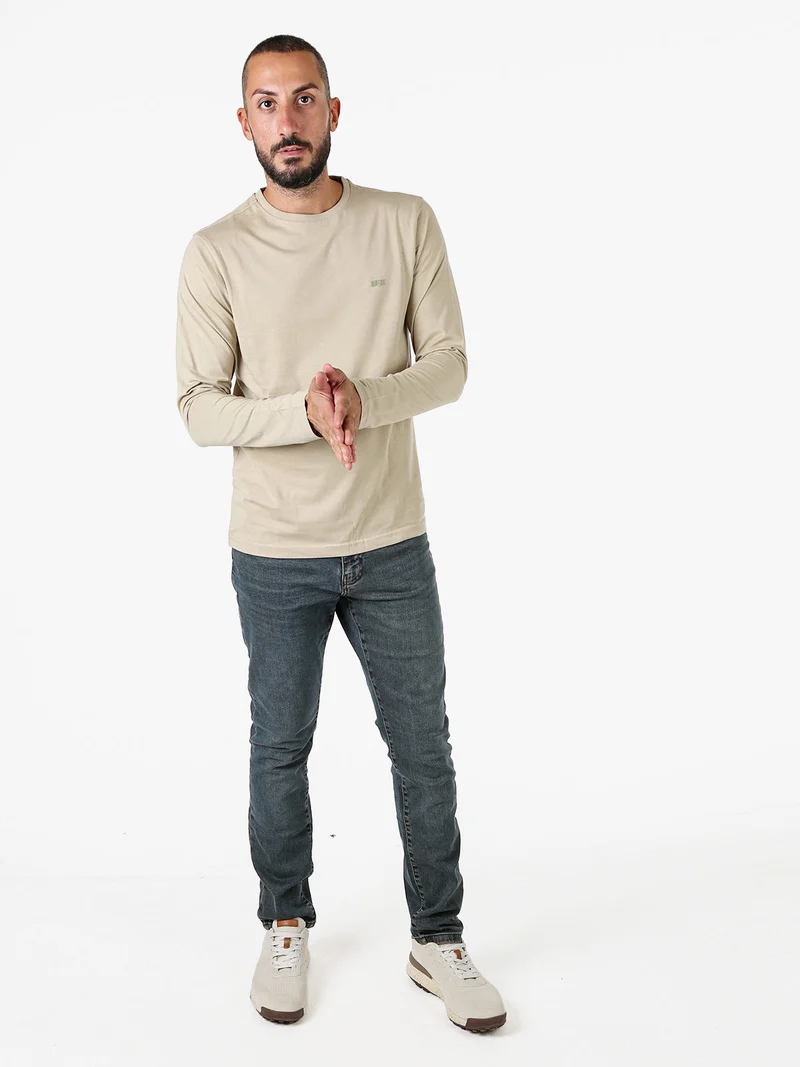 T-shirt girocollo da uomo a maniche lunghe in cotone - sabbia
