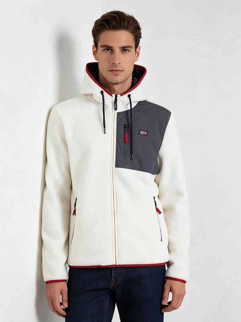 Felpa giacca da uomo in pile sherpa con cappuccio e zip - panna