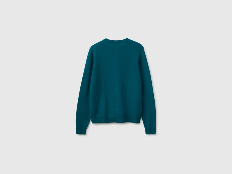 Türkisfarbene Strickjacke mit Rundhalsausschnitt aus reiner Merinowolle