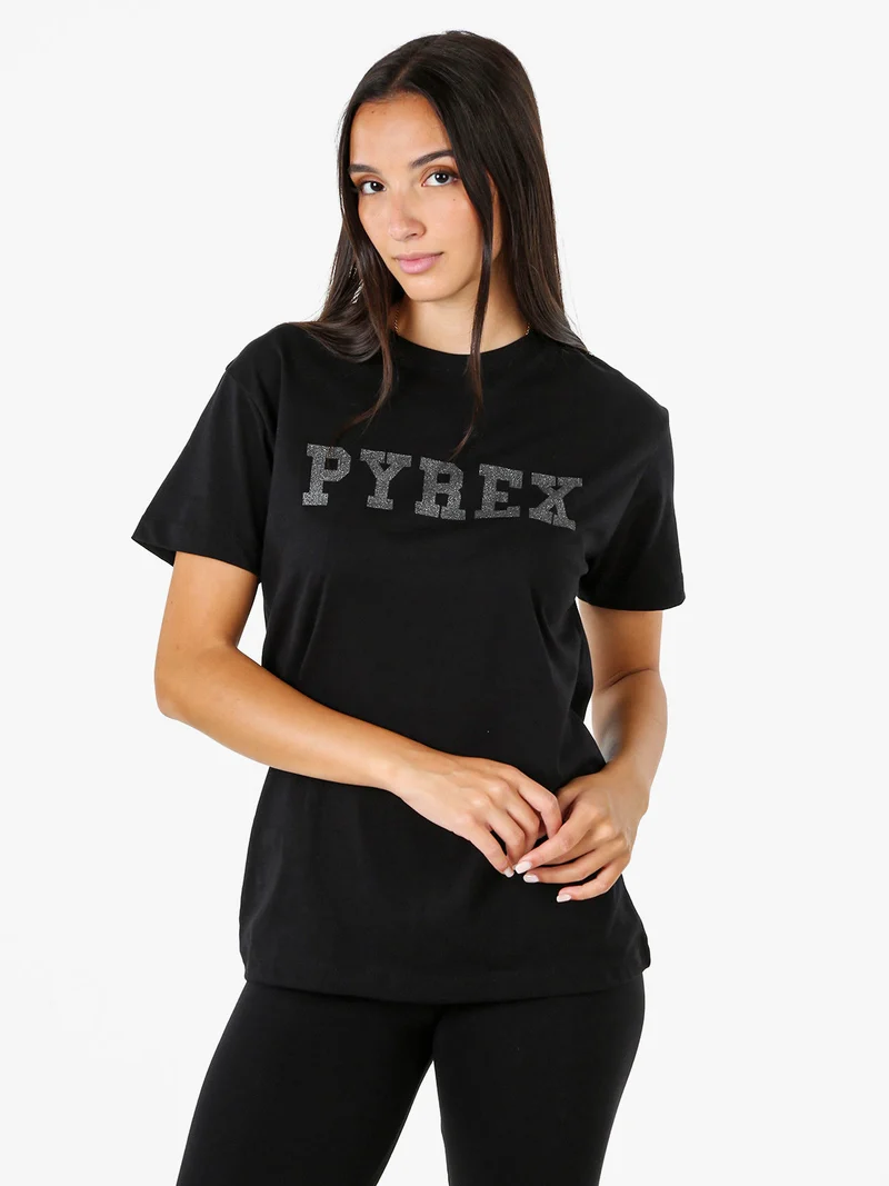 T-shirt da donna in cotone con scritta logo brillantinata - nero