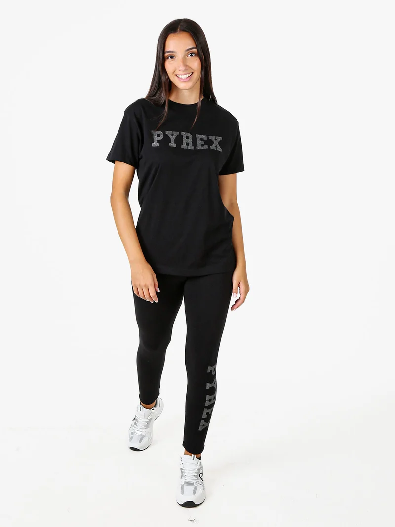 T-shirt da donna in cotone con scritta logo brillantinata - nero
