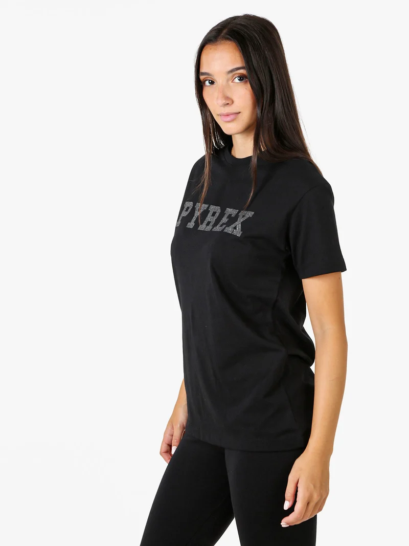 T-shirt da donna in cotone con scritta logo brillantinata - nero