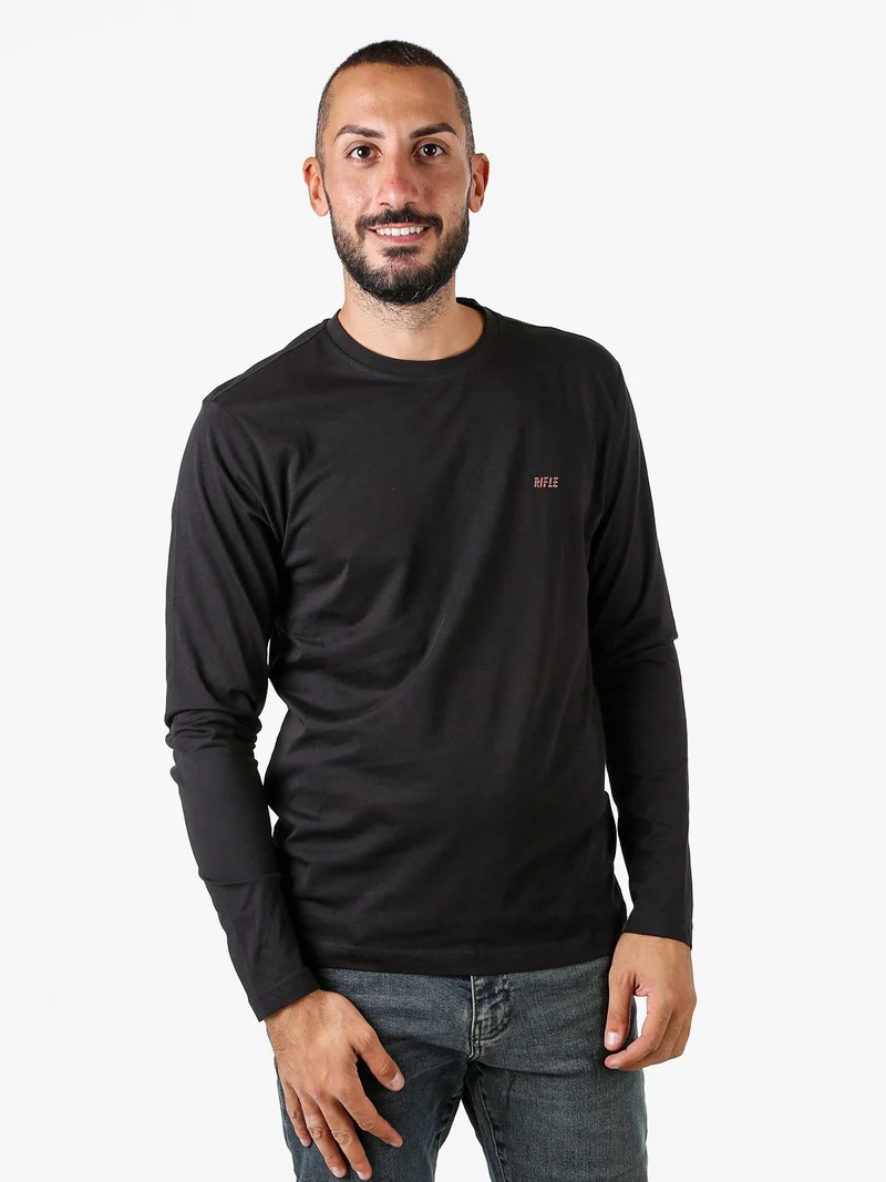 T-shirt girocollo da uomo a maniche lunghe in cotone - nero