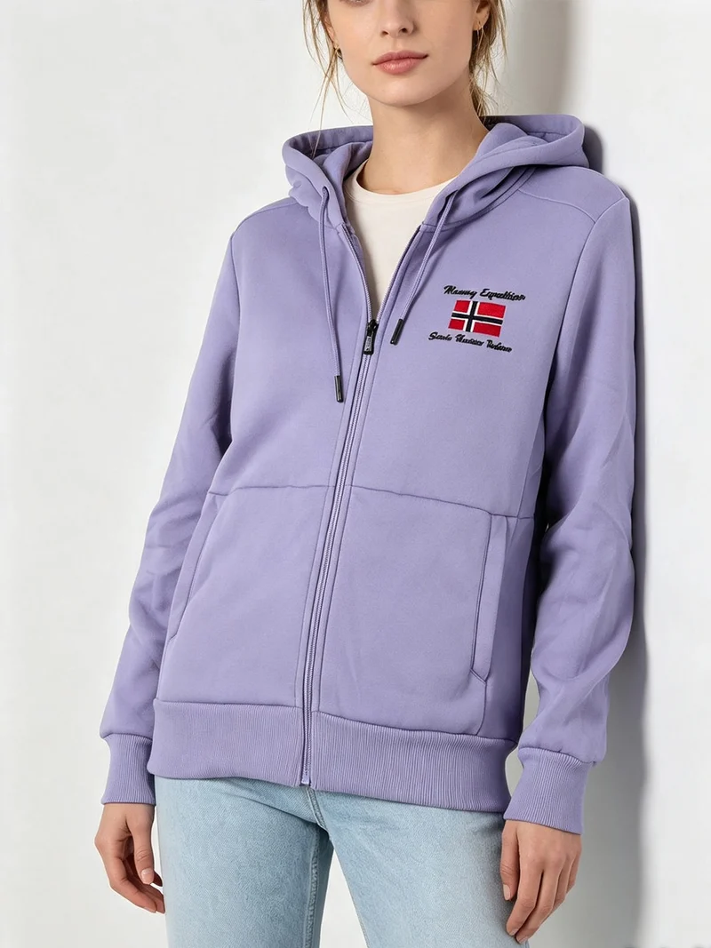 Felpa sportiva da donna full zip con cappuccio e interno felpato - lilla
