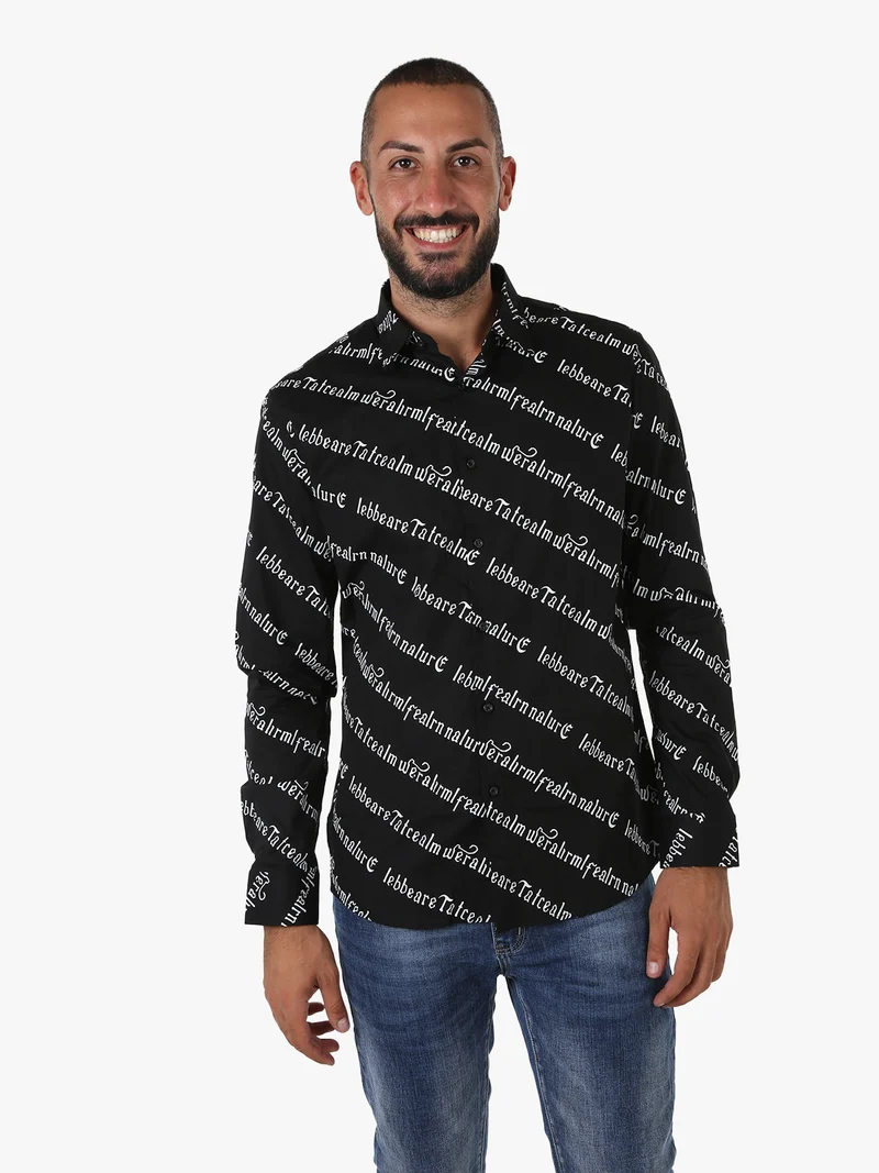 Camicia da uomo in cotone a maniche lunghe con stampa scritte - nero