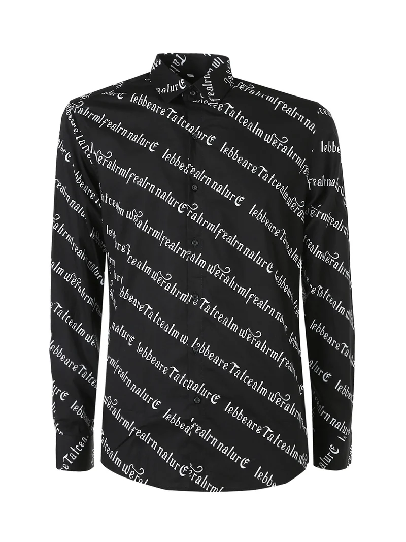 Camicia da uomo in cotone a maniche lunghe con stampa scritte - nero