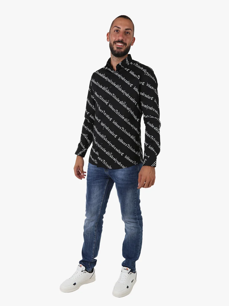 Camicia da uomo in cotone a maniche lunghe con stampa scritte - nero