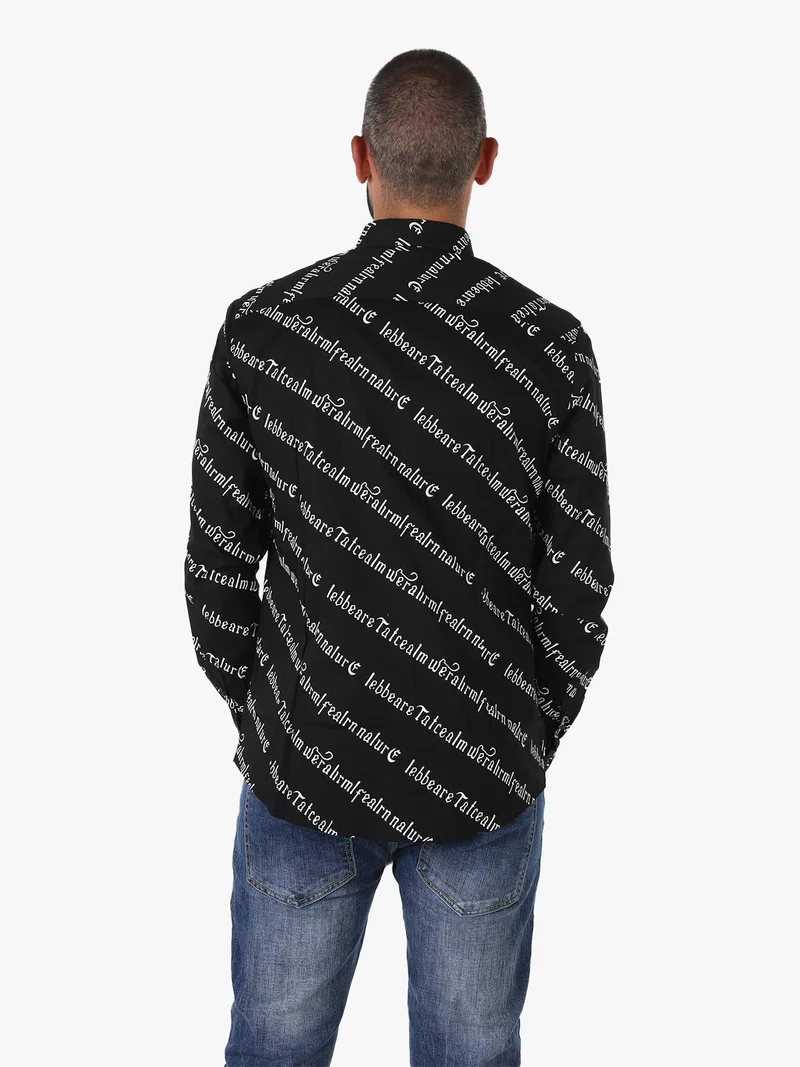 Camicia da uomo in cotone a maniche lunghe con stampa scritte - nero