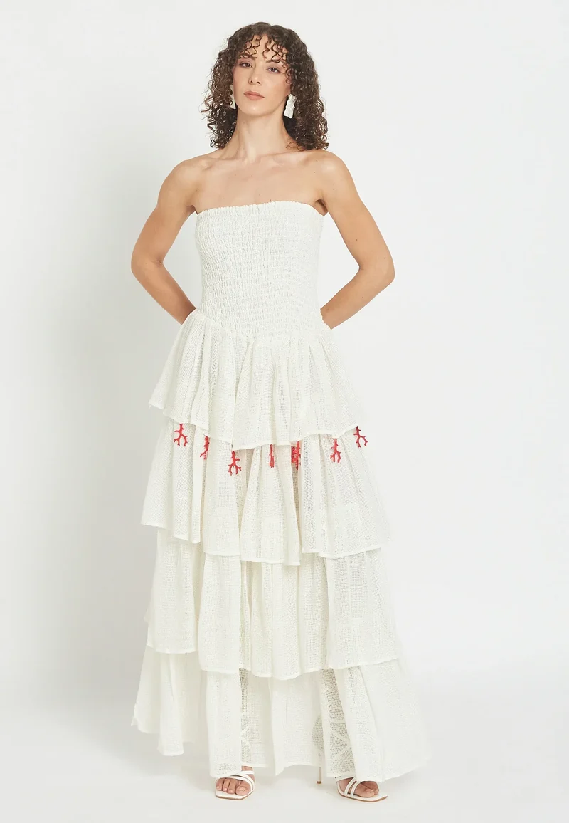Damen Gestuftes Maxi-Kleid mit Schulterfreiem Ausschnitt | Gesmoktes Oberteil | Luftiges Sommerkleid mit Stickerei