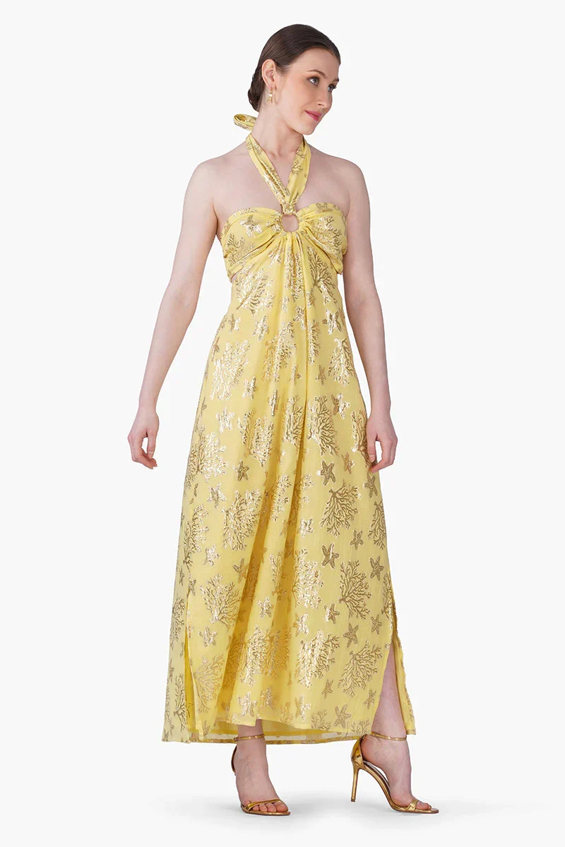 Damen Lurex Maxi-Kleid mit Neckholder | Fließendes Sommerkleid aus Baumwolle | Empire-Taille | Maritimer Look