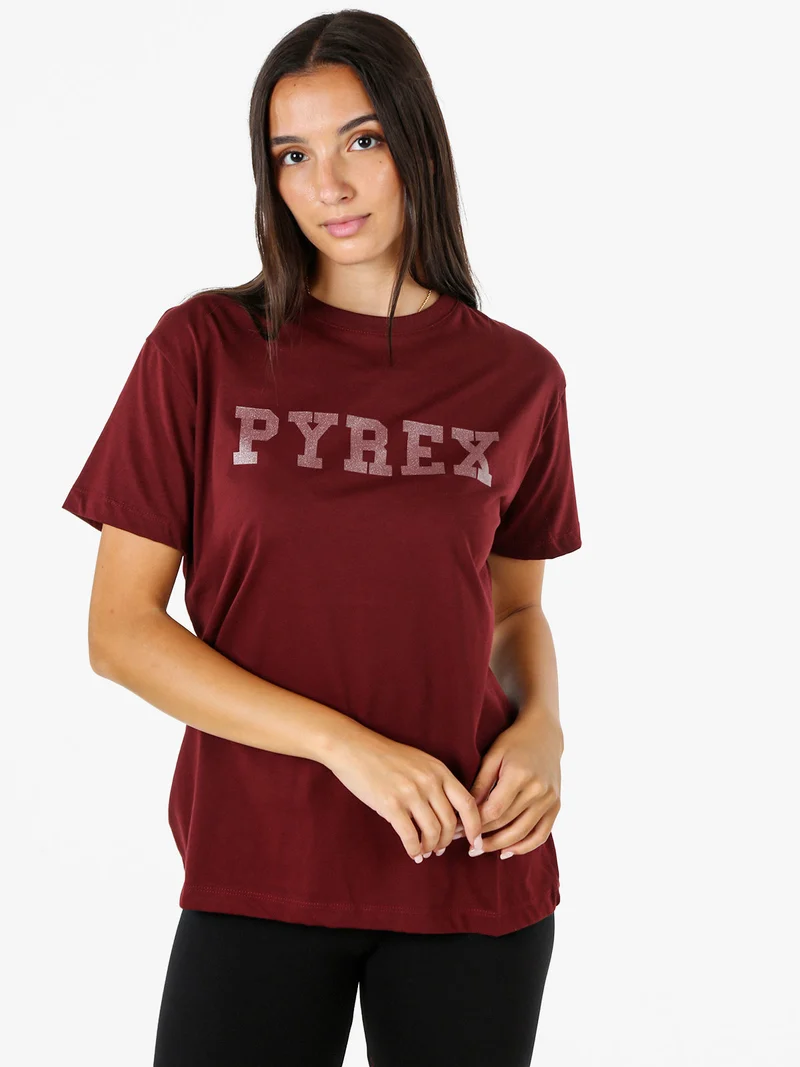 T-shirt da donna in cotone con scritta logo brillantinata - bordeaux