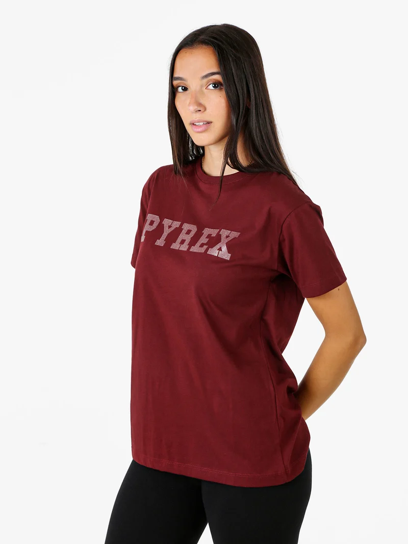 T-shirt da donna in cotone con scritta logo brillantinata - bordeaux