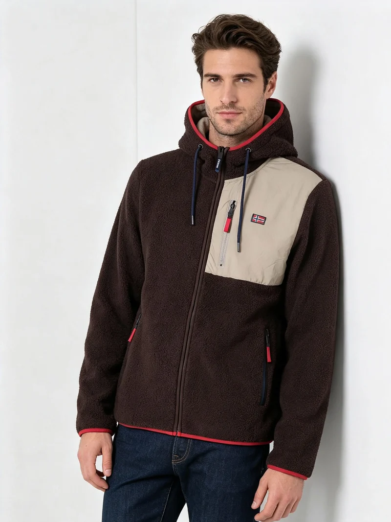 Felpa giacca da uomo in pile sherpa con cappuccio e zip - moro