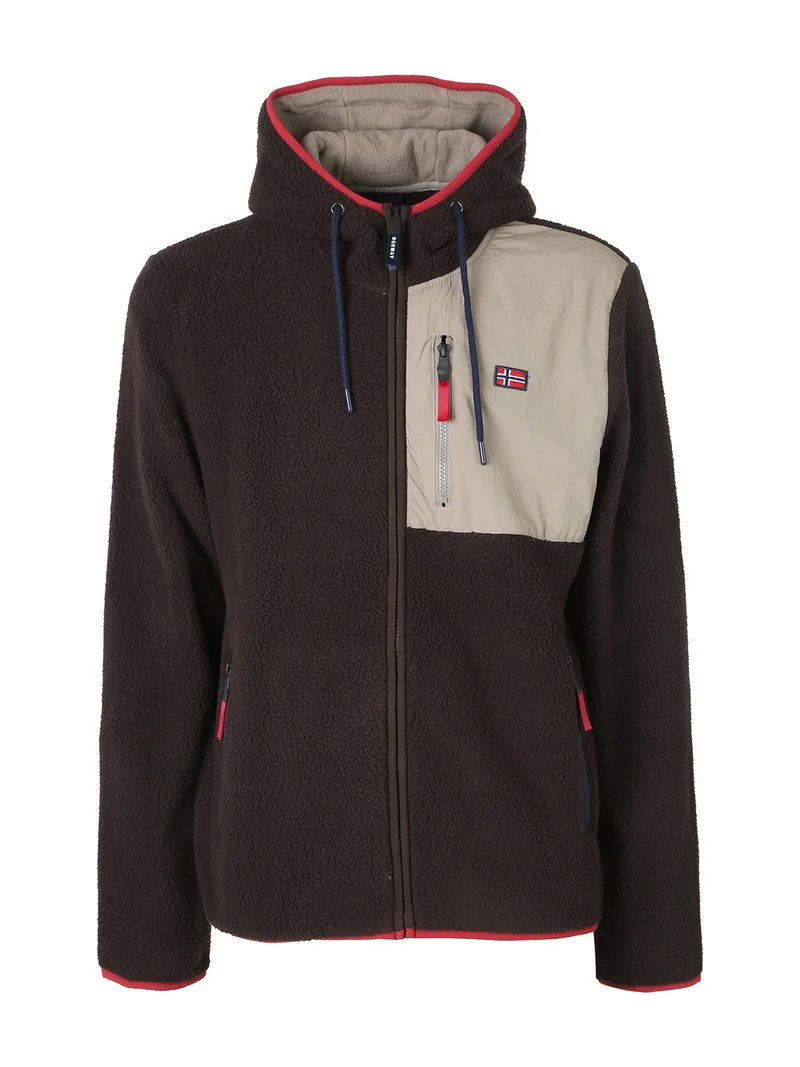 Felpa giacca da uomo in pile sherpa con cappuccio e zip - moro