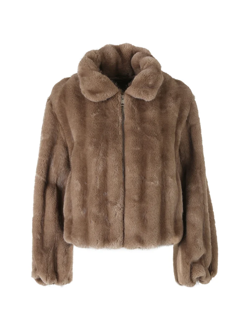 Cappotto corto da donna in ecopelliccia con maniche a campana - khaki