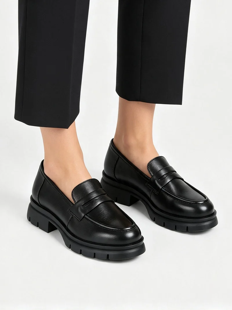 Mocassini donna in pelle con suola alta - nero