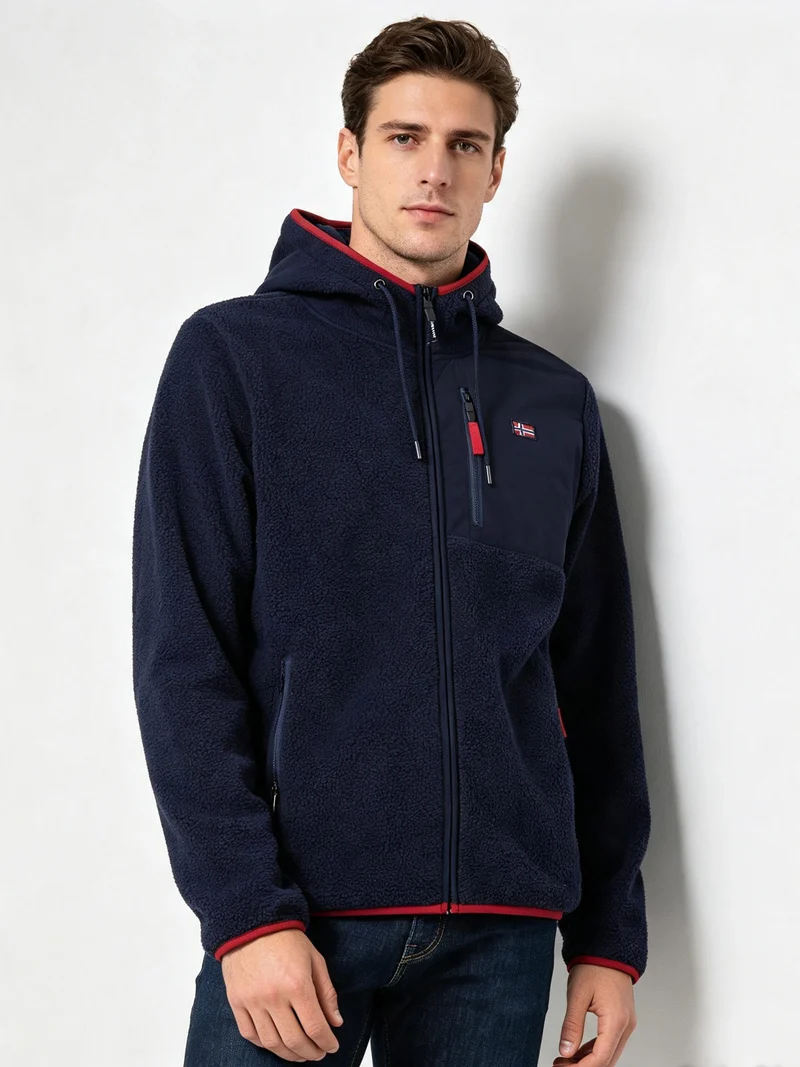 Felpa giacca da uomo in pile sherpa con cappuccio e zip - blu scuro