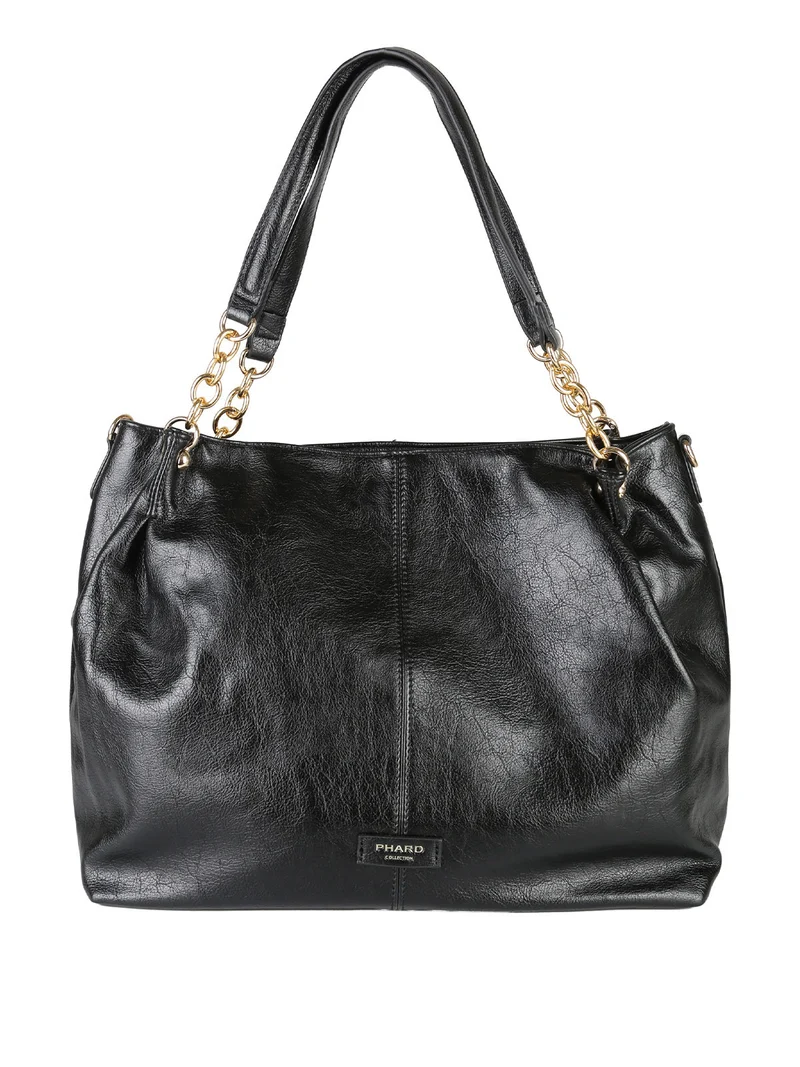 Borsa a spalla da donna con doppi manici e dettagli a catena - nero