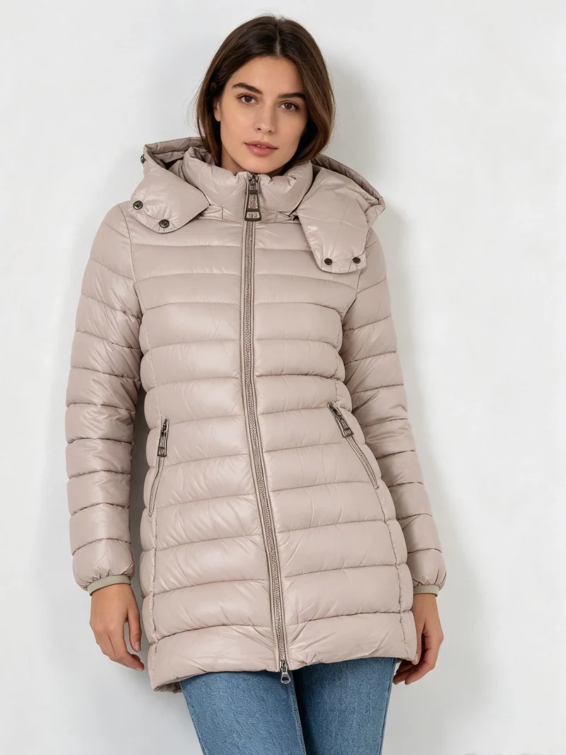 Giubbotto donna lungo con cappuccio - khaki