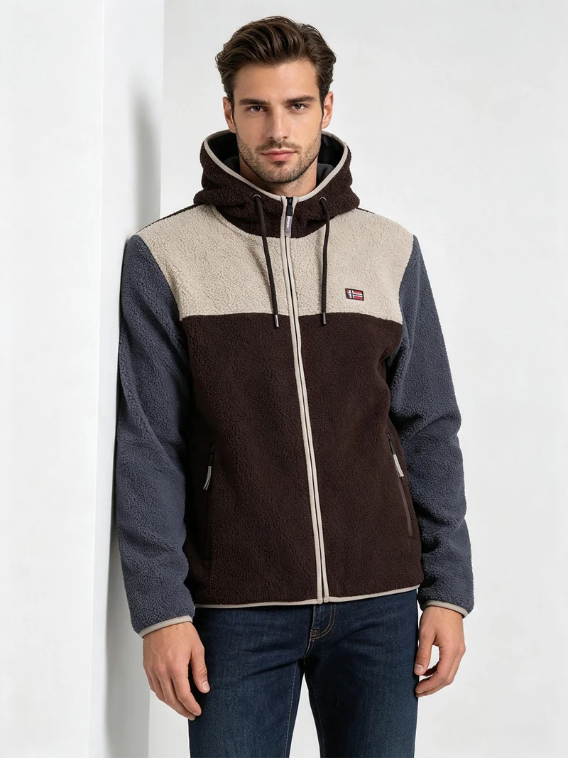 Felpa giacca da uomo in pile sherpa con cappuccio e zip - moro