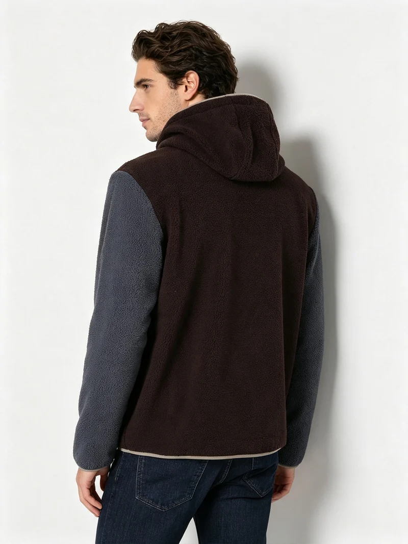 Felpa giacca da uomo in pile sherpa con cappuccio e zip - moro