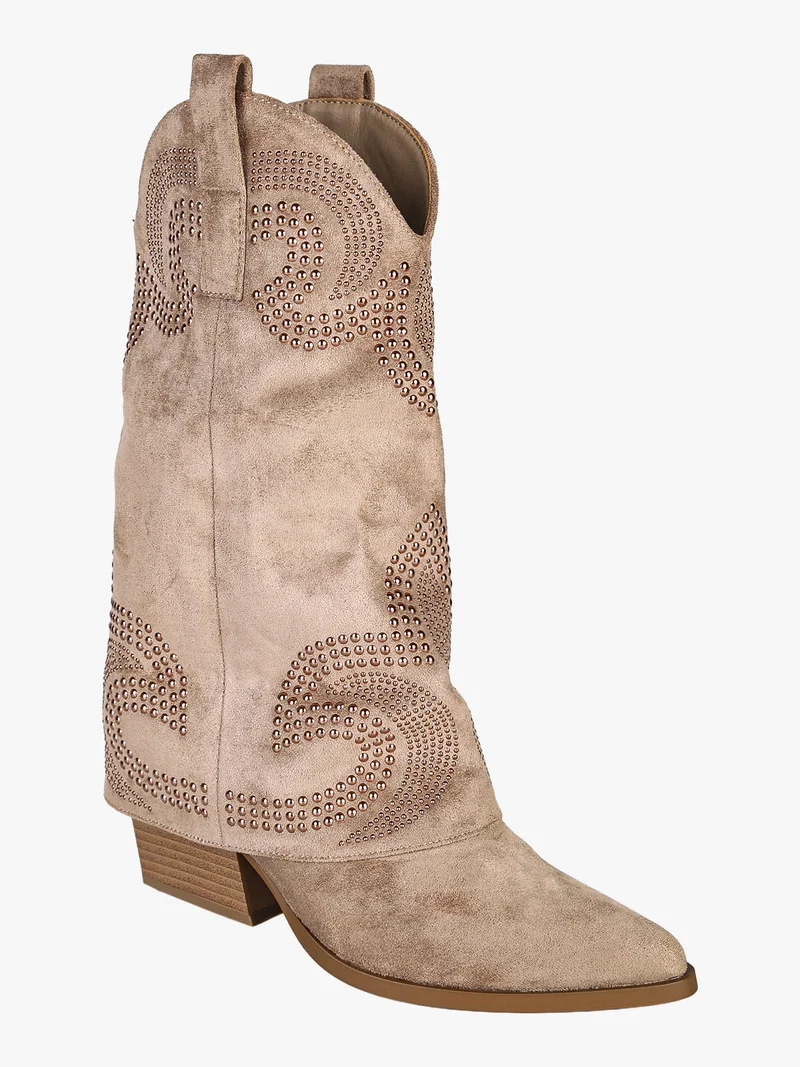 Stivaletti texani da donna con borchie e doppio gambale - khaki
