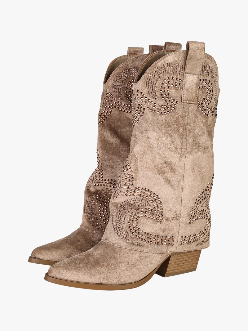 Stivaletti texani da donna con borchie e doppio gambale - khaki