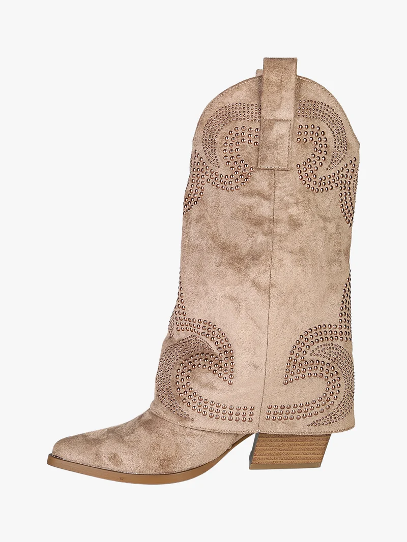 Stivaletti texani da donna con borchie e doppio gambale - khaki