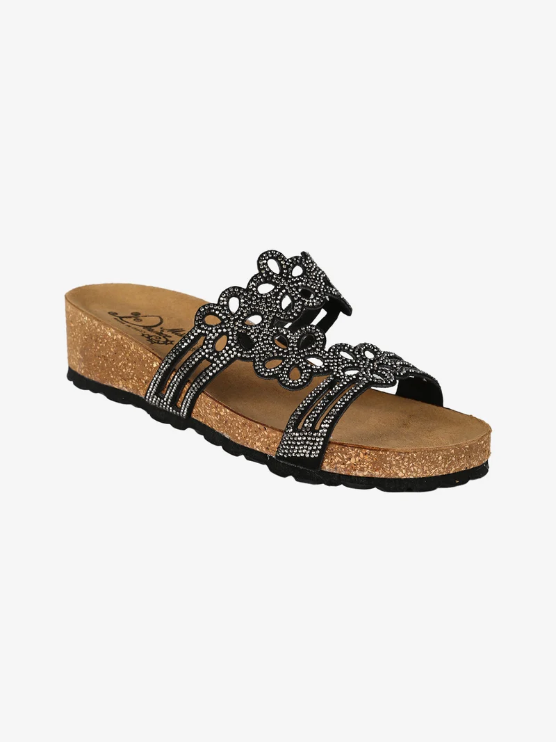 Ciabatte donna con strass e zeppa - nero