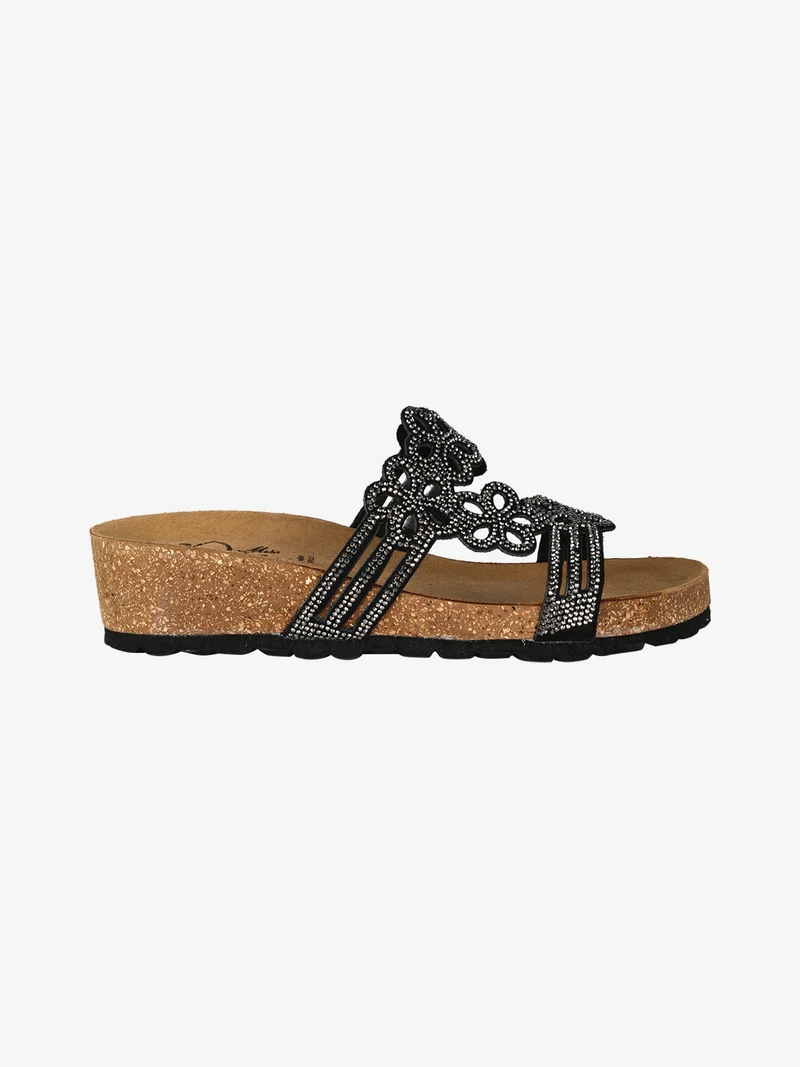 Ciabatte donna con strass e zeppa - nero