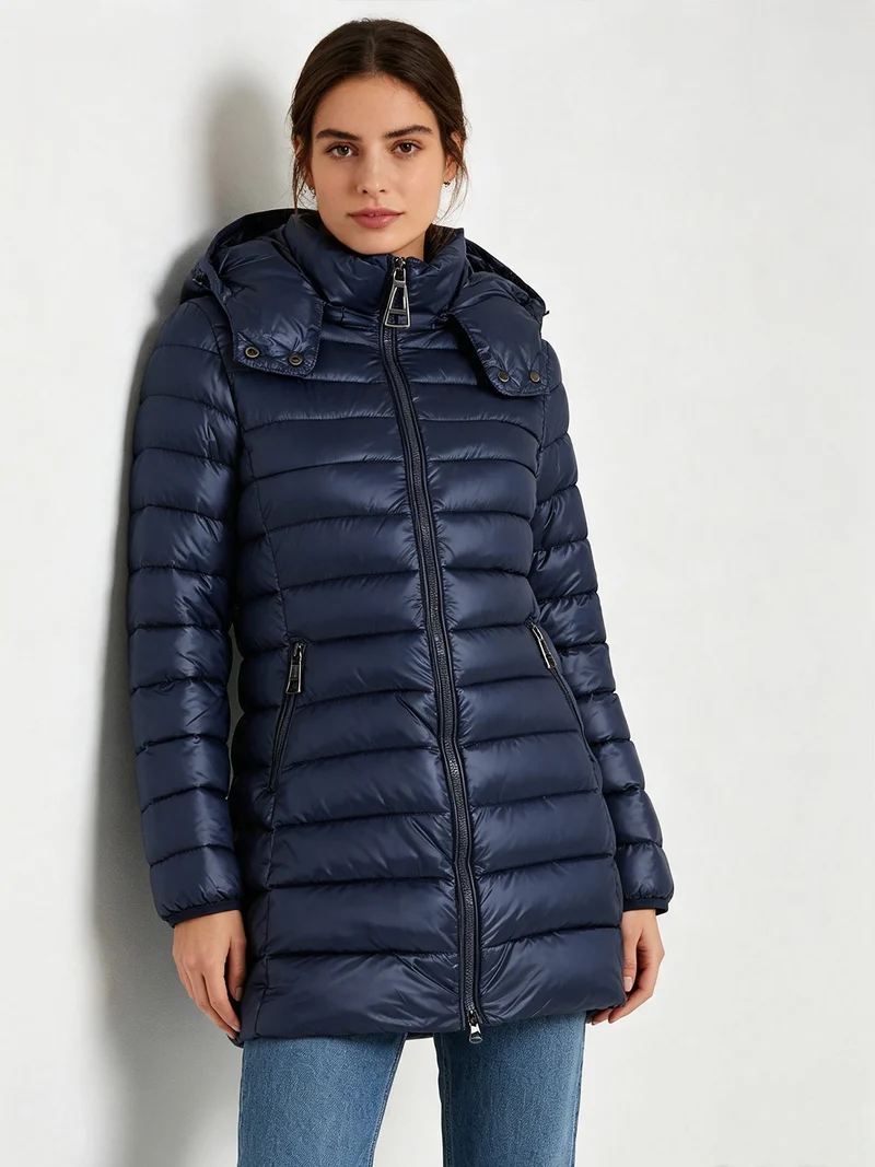 Giubbotto donna lungo con cappuccio - blu scuro