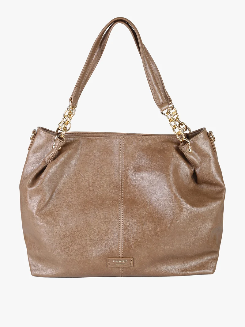Borsa a spalla da donna con doppi manici e dettagli a catena - taupe