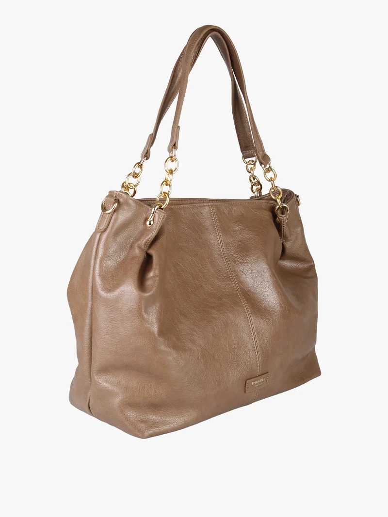 Borsa a spalla da donna con doppi manici e dettagli a catena - taupe