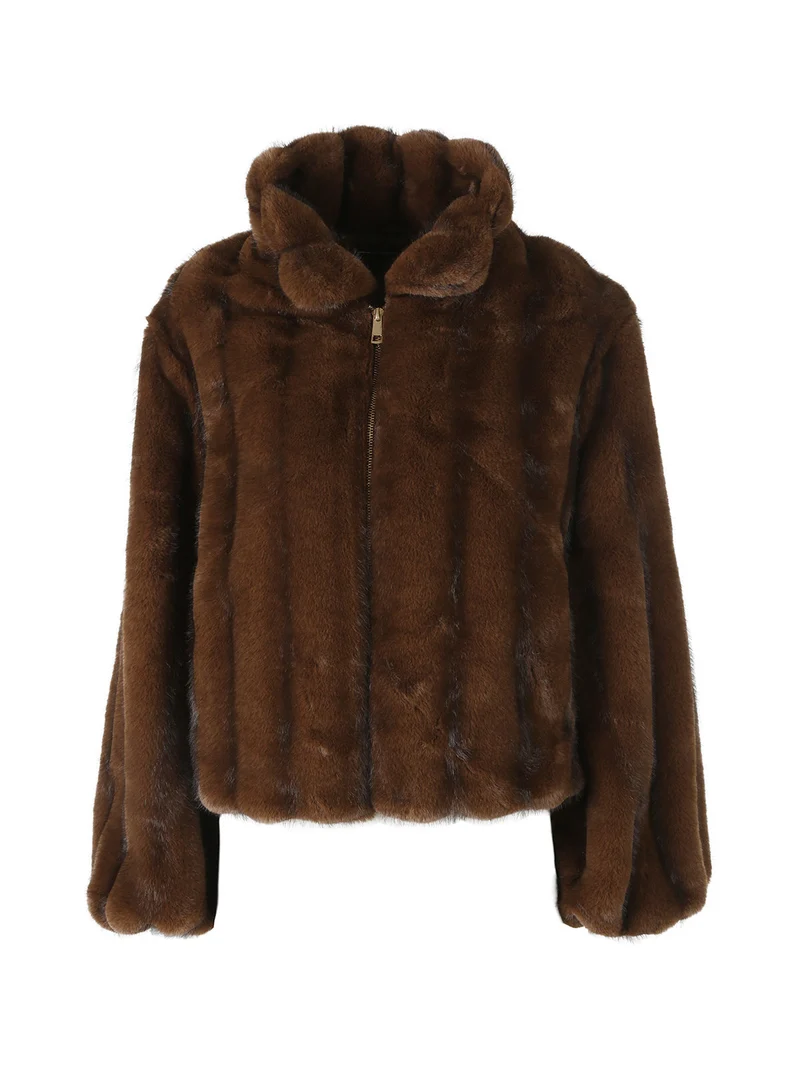 Cappotto corto da donna in ecopelliccia con maniche a campana - marrone