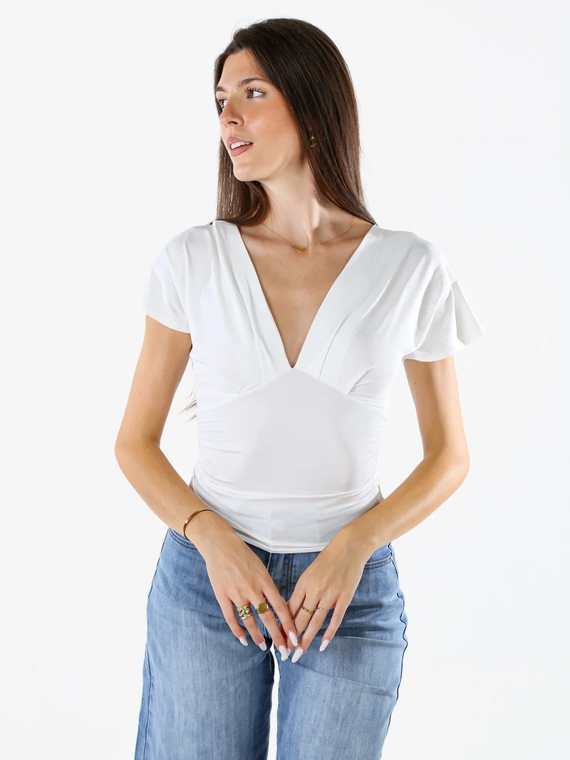 Top donna con scollo a V davanti e dietro con arricciature laterali - bianco