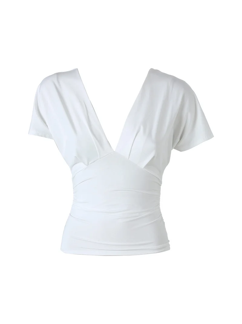 Top donna con scollo a V davanti e dietro con arricciature laterali - bianco