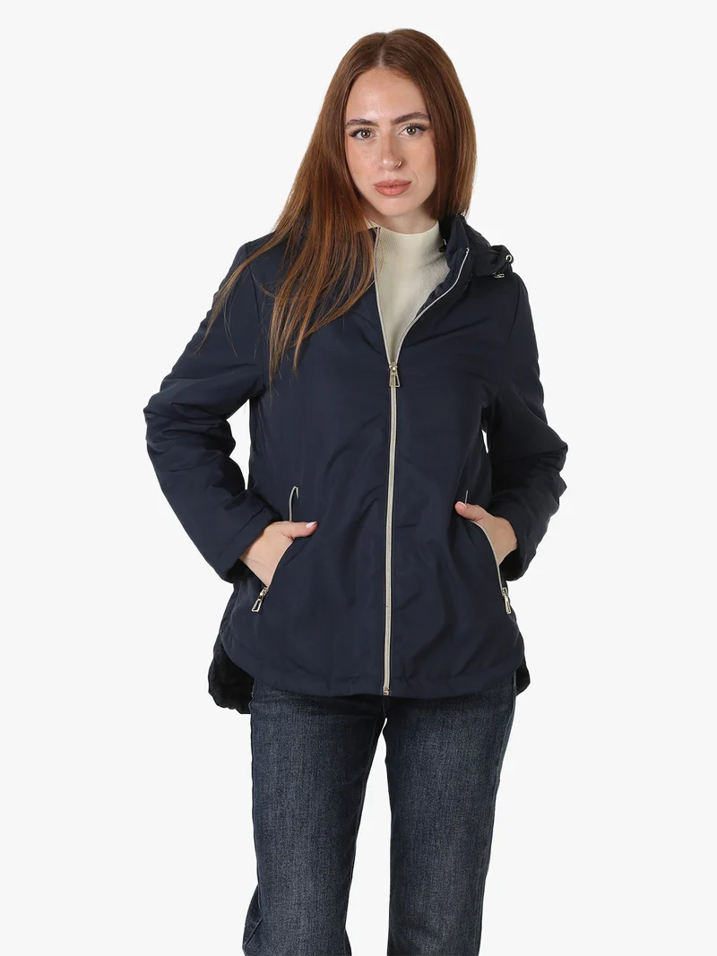 Giubbotto donna antivento con cappuccio e zip - blu scuro