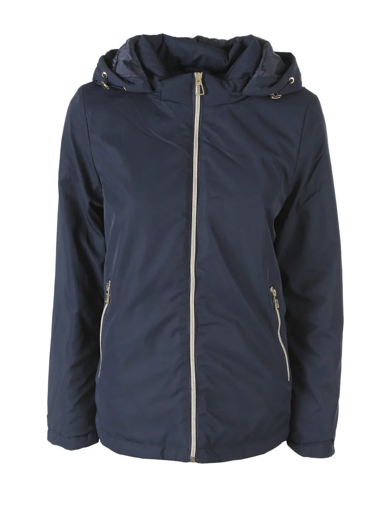Giubbotto donna antivento con cappuccio e zip - blu scuro