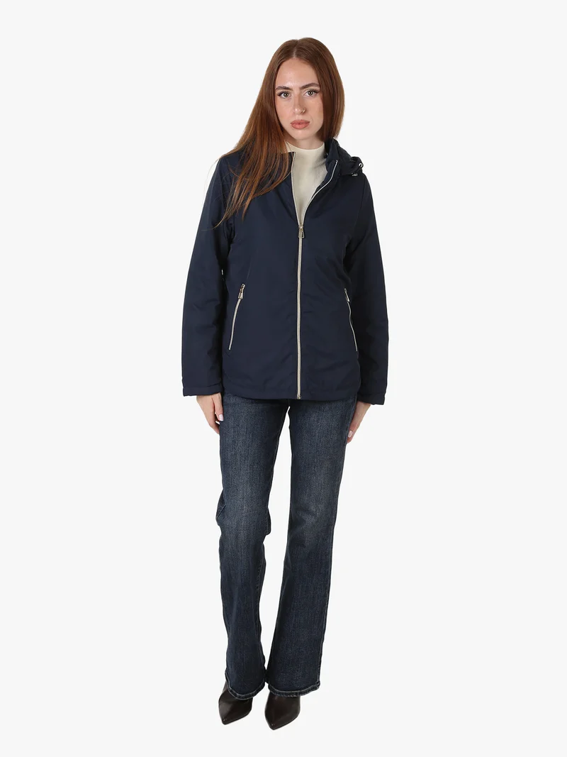 Giubbotto donna antivento con cappuccio e zip - blu scuro