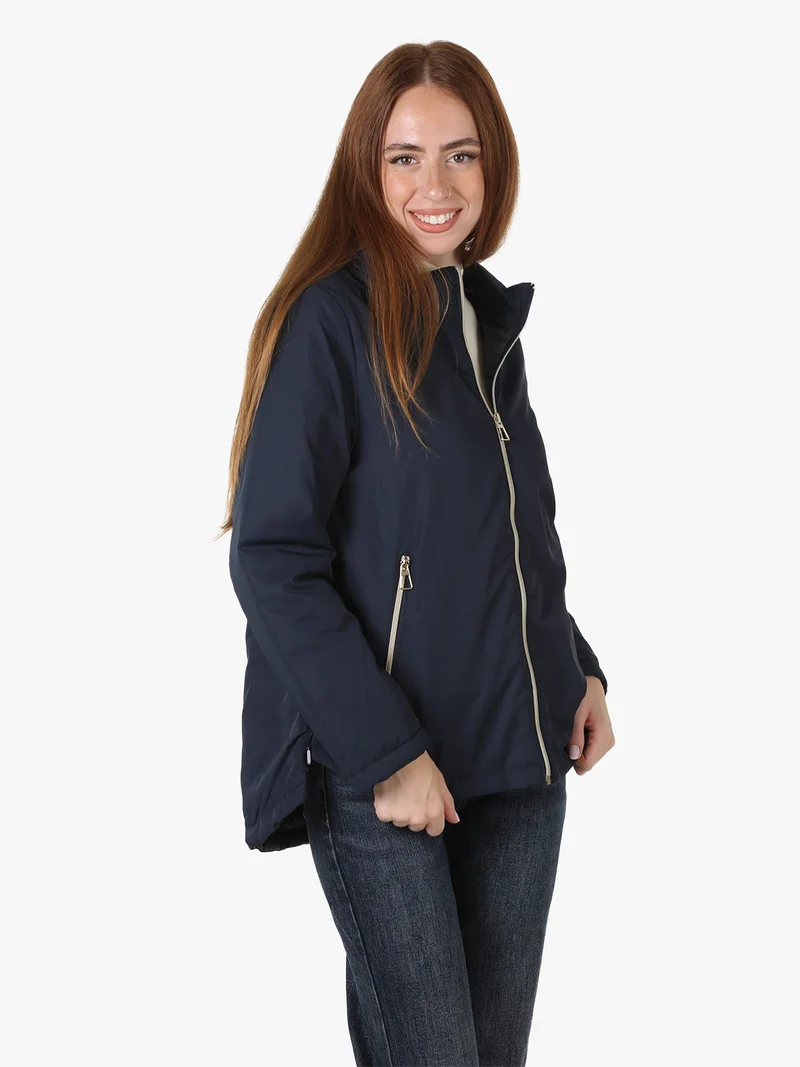 Giubbotto donna antivento con cappuccio e zip - blu scuro
