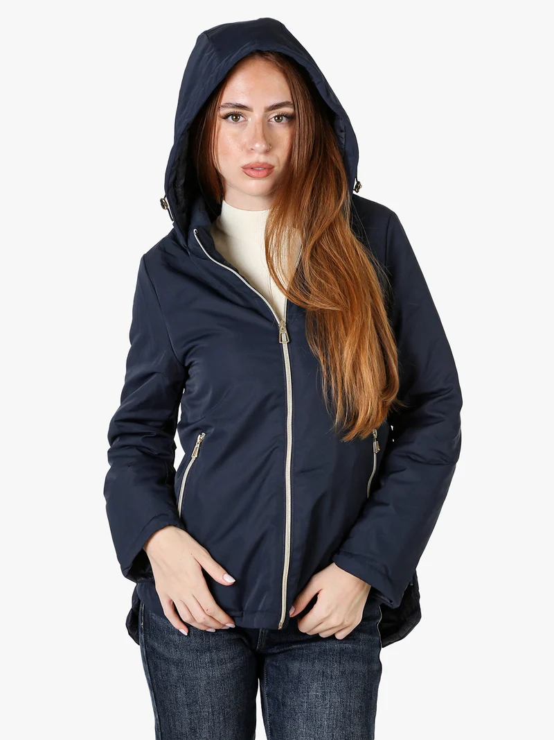 Giubbotto donna antivento con cappuccio e zip - blu scuro