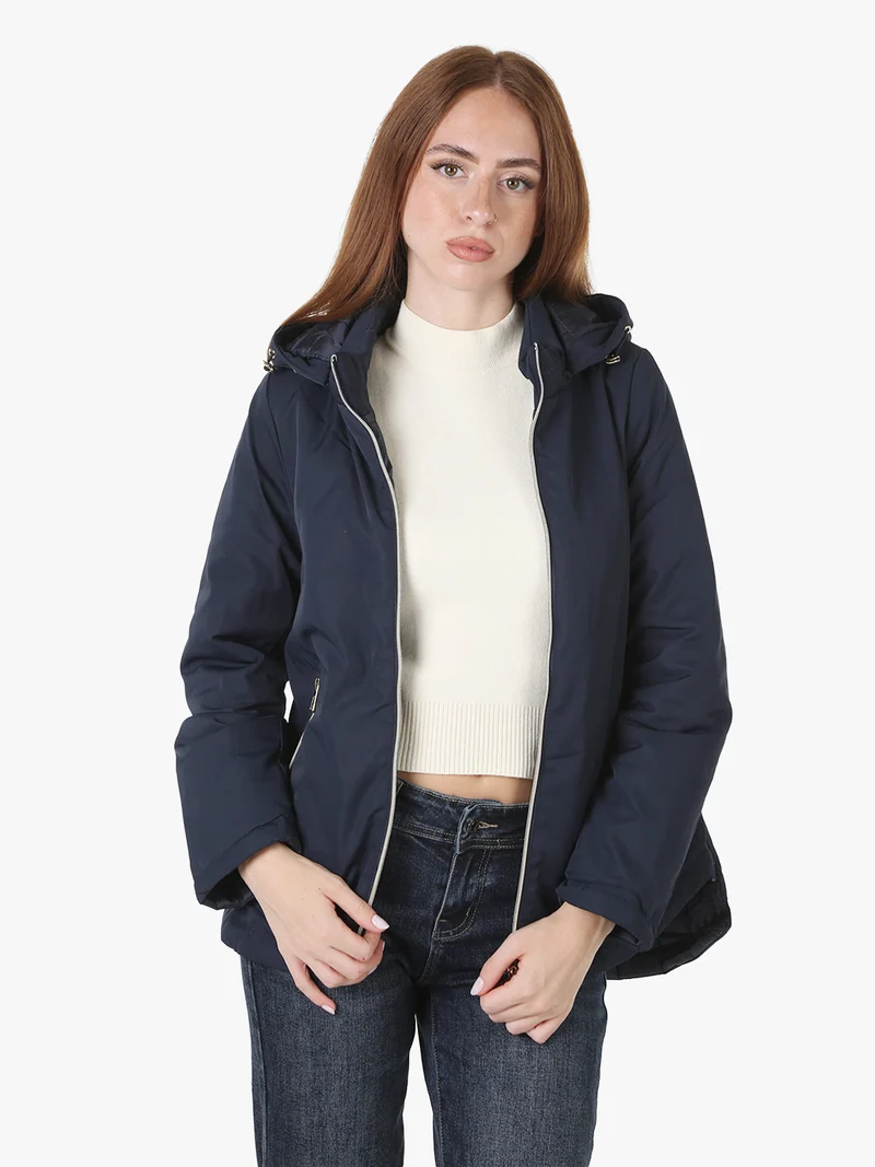 Giubbotto donna antivento con cappuccio e zip - blu scuro
