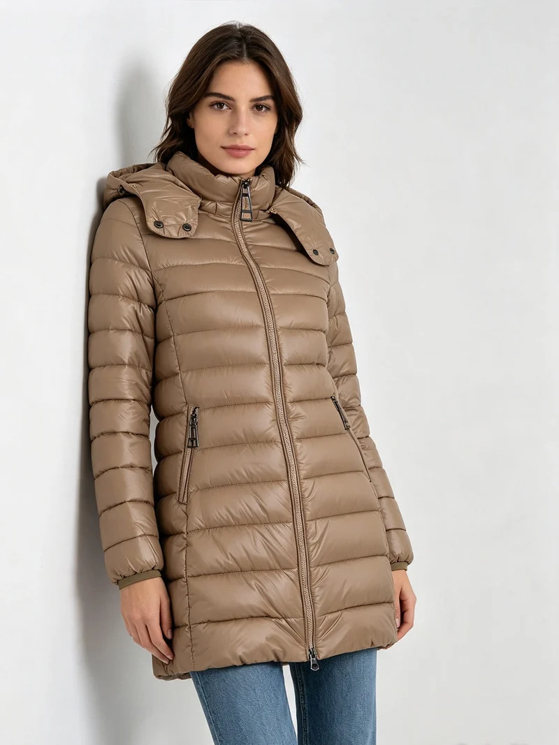 Giubbotto donna lungo con cappuccio - taupe