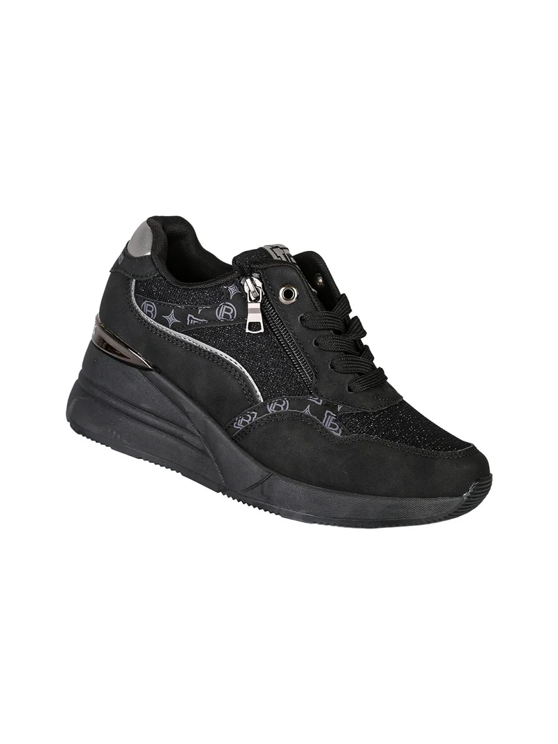 Sneakers donna con zeppa e dettagli brillantinati - nero