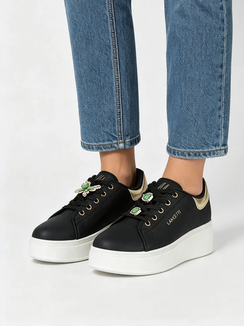 Sneakers donna gioiello in ecopelle con platform - nero