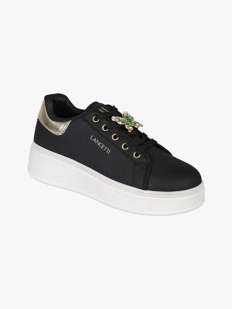 Sneakers donna gioiello in ecopelle con platform - nero