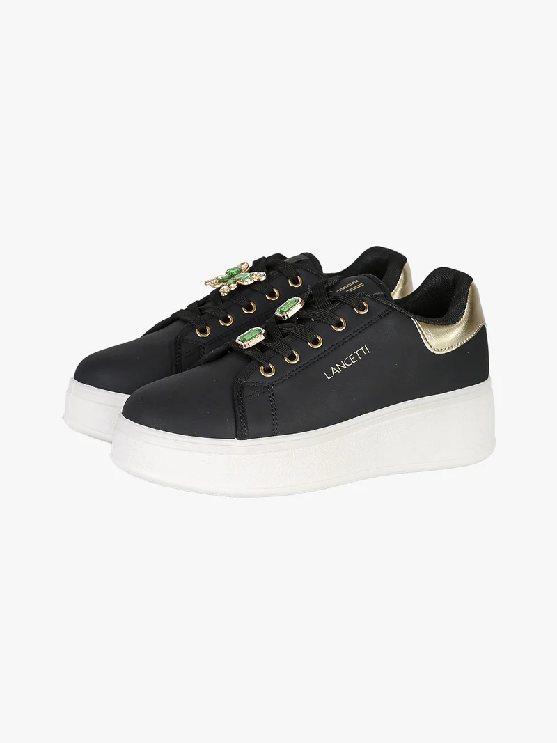 Sneakers donna gioiello in ecopelle con platform - nero